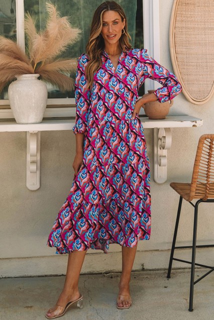 Abstract Geometric Print Long Sleeve High Waist Dress LC6116684-1022
