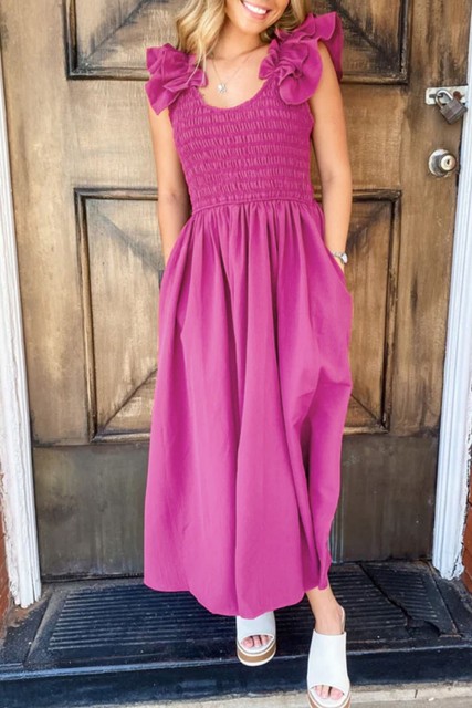 Rose Red Solid Color Ruffled Straps Smocked Ruched Maxi Dress LC6118840-P6