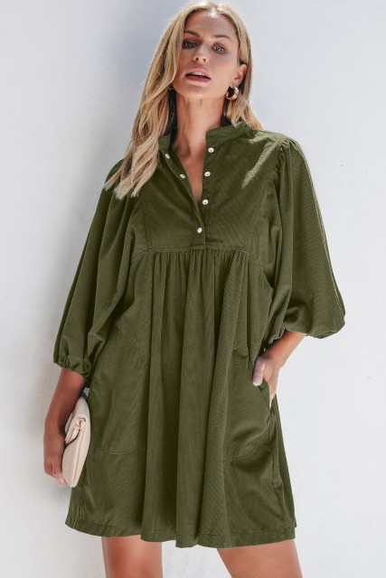 Vineyard Green Corduroy Snap Buttons Empire Waist Bracelet Sleeve Dress LC6121359-P2409