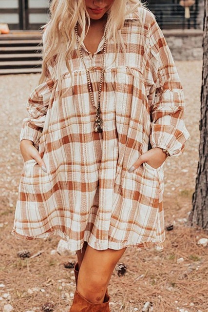 Brown Plaid Print Side Pockets Frilled Babydoll Mini Dress LC6122498-17