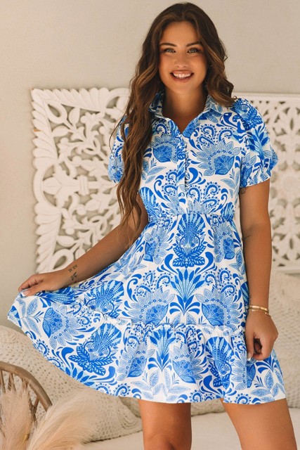 Sky Blue Retro Floral Print Drawstring Waist Ruffled Mini Dress LC6120268-P10420