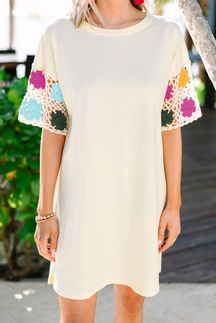 White Floral Crochet Splicing Sleeve T Shirt Dress LC6119394-P101
