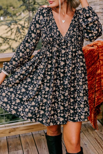 Black Floral Deep V Neck Smocked Bust Bubble Sleeve Babydoll Dress LC6122407-P220