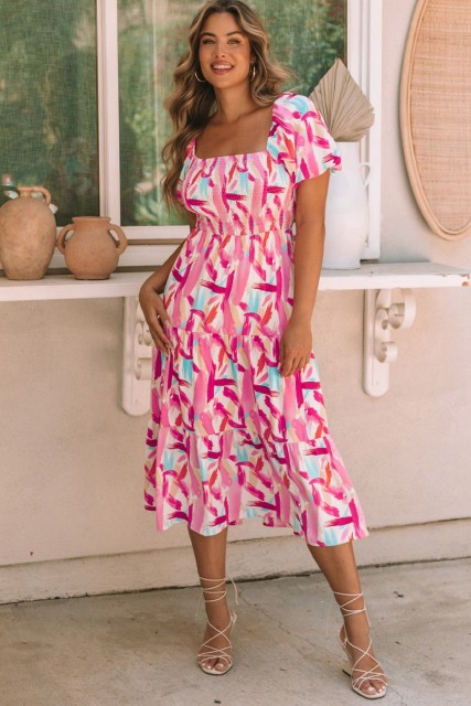 Pink Brush Stroke Printed Smocked Ruffle Tiered Dress LC6115787-10