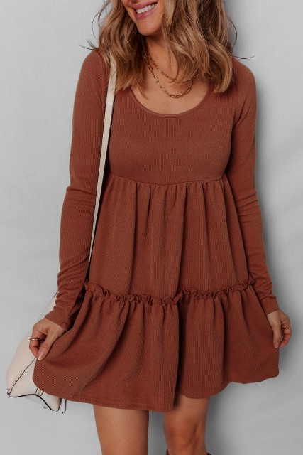 Straw Yellow Ribbed Frilled Trim High Waist Long Sleeve Mini Dress LC6125670-P8016