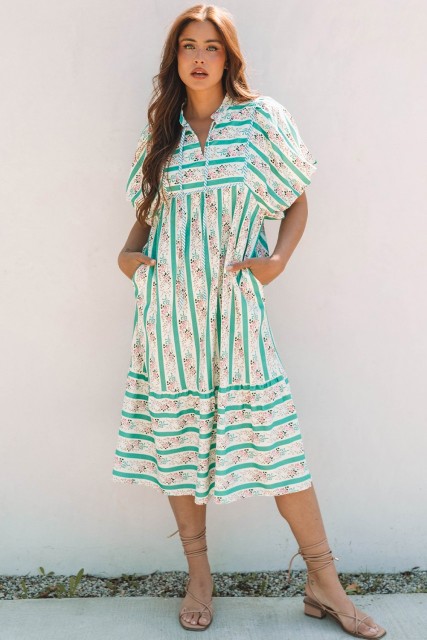 Multicolour Striped Floral Print Tie Split Neck Puff Sleeve Midi Dress LC6123186-P22
