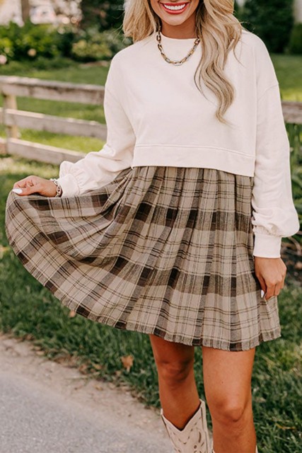 Beige Plaid Patchwork High Waist Sweatshirt Mini Dress LC6122499-P15