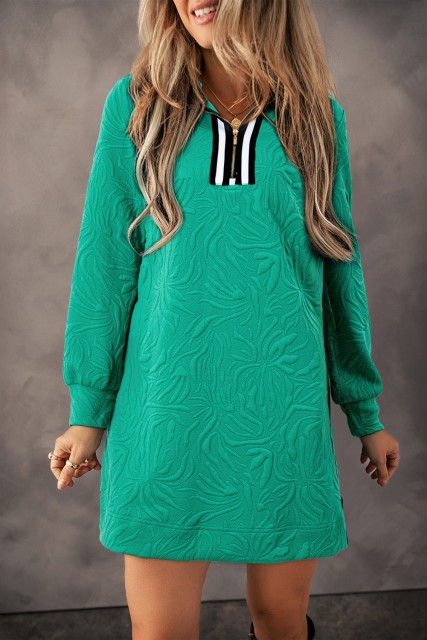 Sea Green Jacquard Textured Quarter Zipper Shift Mini Dress LC6122011-P409