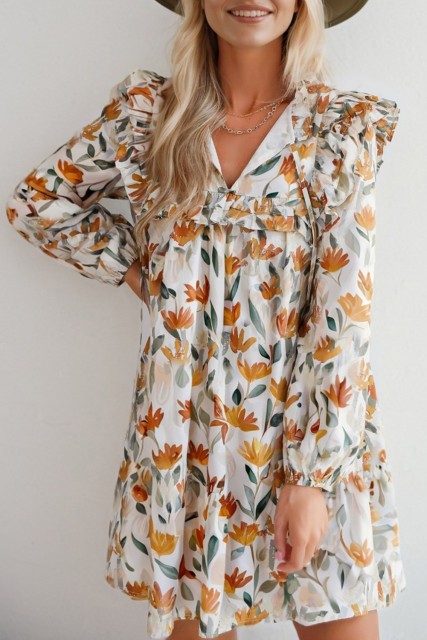 Yellow Floral Print Tie Neck Frilled Detail Long Sleeve Mini Dress LC6125990-P720