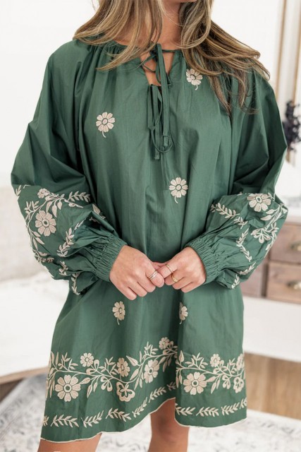 Mist Green Tie Neck Boho Floral Pattern Puff Sleeve Shift Dress LC6122537-P509